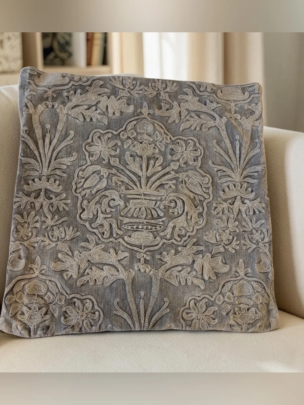 Pottery Barn Embroidered Damask Gray Euro Pillow Sham 22